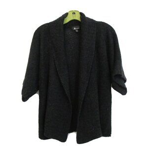 AB Studio Cardigan Sweater Size M Open Front Black Short Sleeve Fold Over Collar